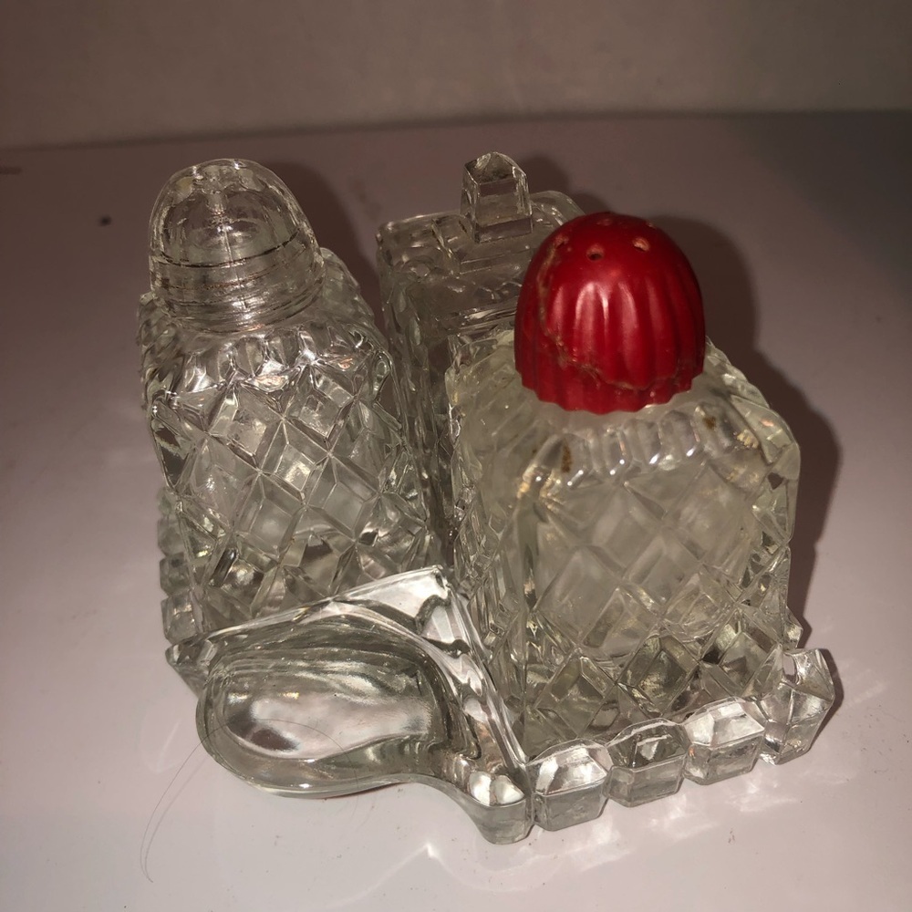 Vintage Glass Salt and Pepper Shaker three piece set on tray- anchor hocking